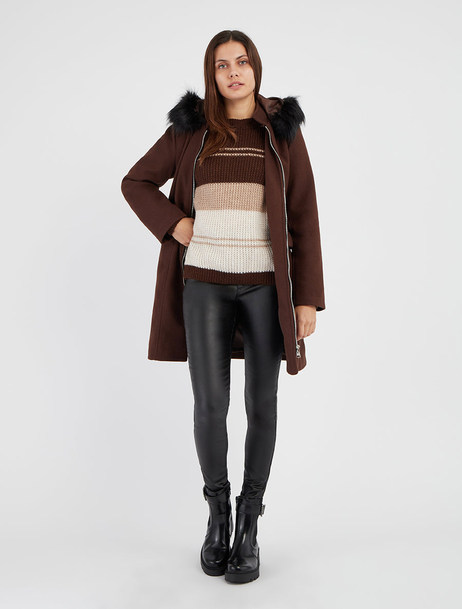 Manteau long à capuche et zip - Marron - 8