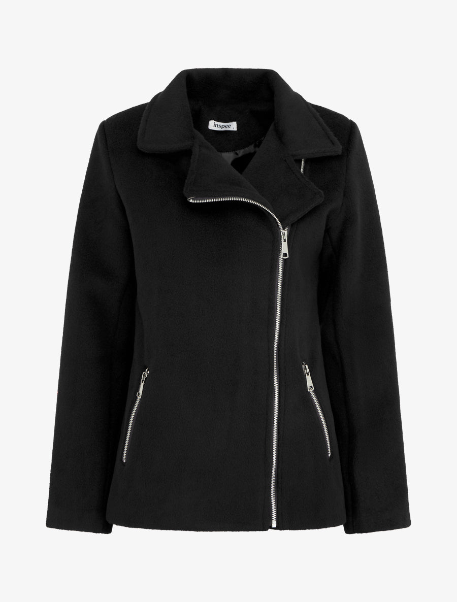 Manteau zippé uni en feutrine - Noir - 1