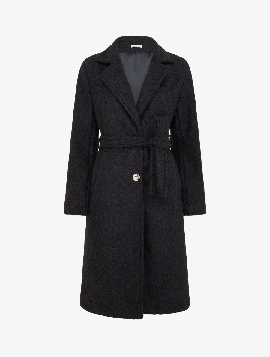 Manteau uni duveteux à col cranté - Noir - 1