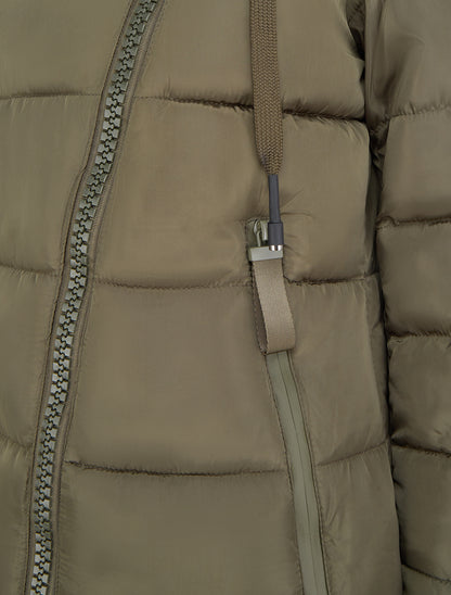 Doudoune longue à capuche et zip en biais - Kaki - 3