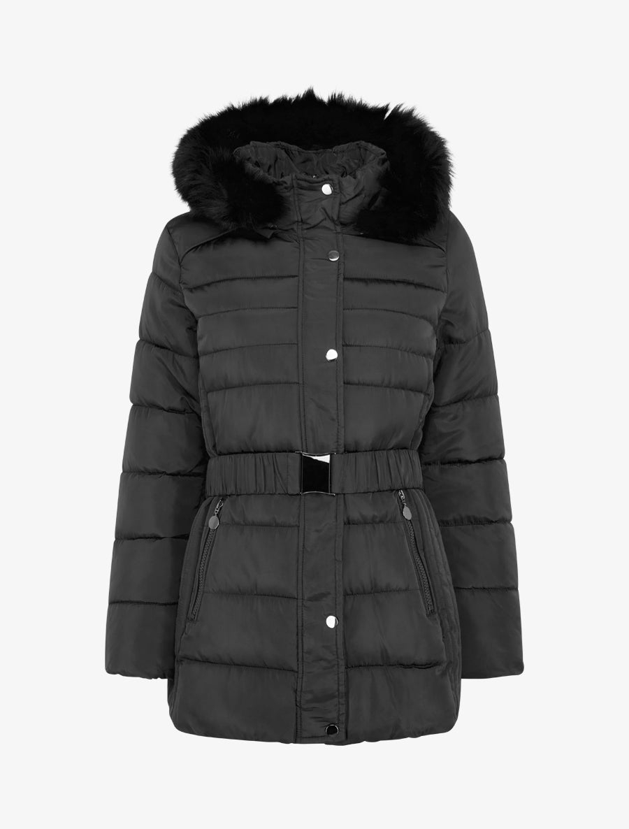 Doudoune ceinturée à capuche en fourrure synthétique - Noir - 1