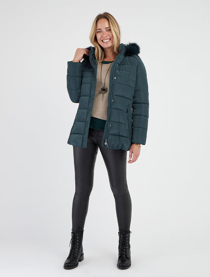 Doudoune ceinturée à capuche en fourrure synthétique - Bleu canard - 8