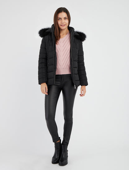 Doudoune droite à capuche en fourrure synthétique - Noir - 8