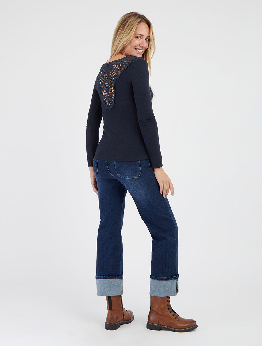 Pull à col bénitier et dos en crochet - Marine - 9