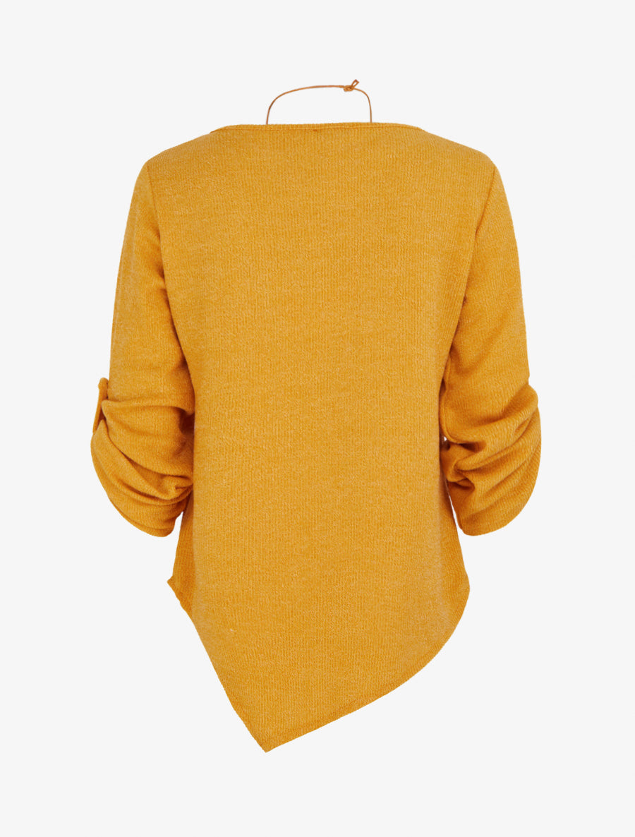 Pull fin asymétrique à manches longues retroussables - Jaune moutarde - 2