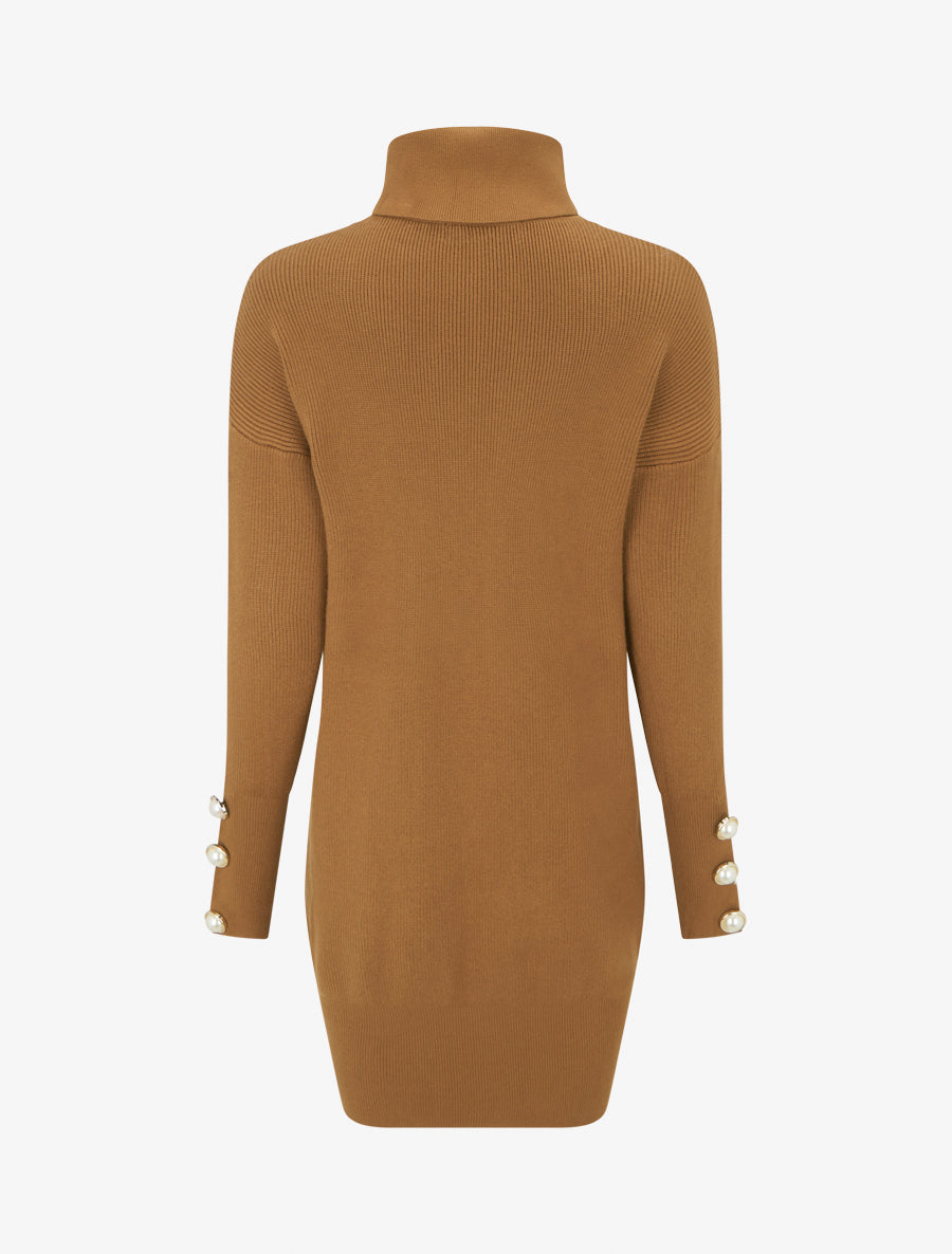Pull long à boutons décoratifs aux manches - Camel - 2