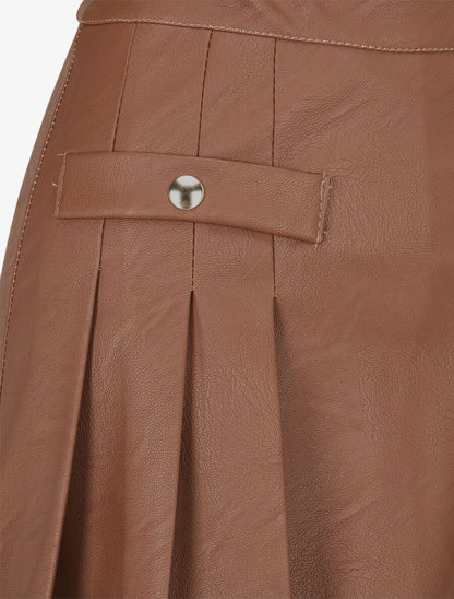 Jupe short plissée en simili - Marron - 3