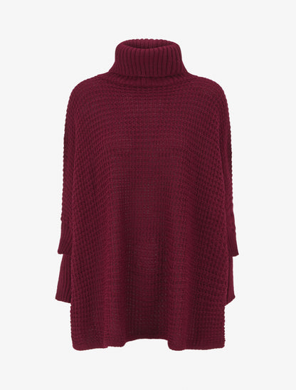 Pull carré style poncho à col roulé - Lie de vin - 1