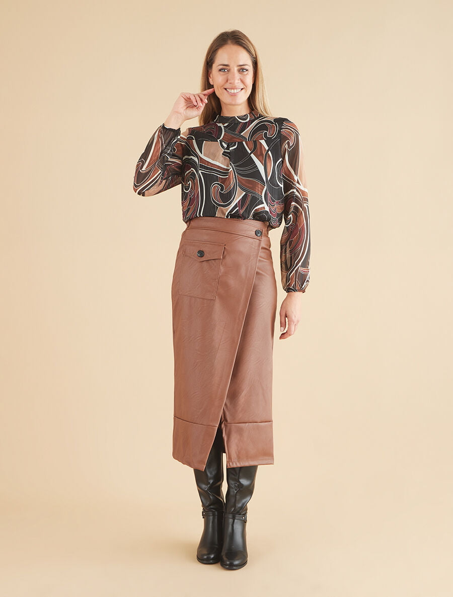 Jupe longue en simili effet portefeuille - Marron - 4