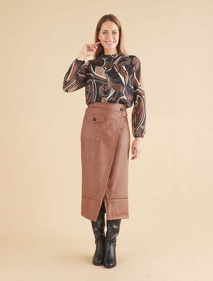 Jupe longue en simili effet portefeuille - Marron - 4