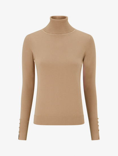 Pull fin à col roulé et boutons décoratifs - Camel - 1