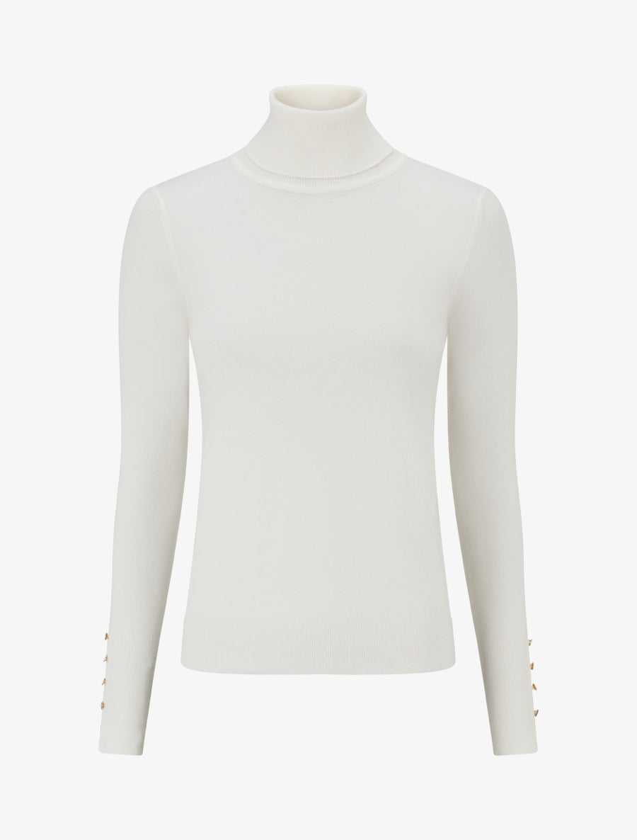 Pull fin à col roulé et boutons décoratifs - Crème - 1