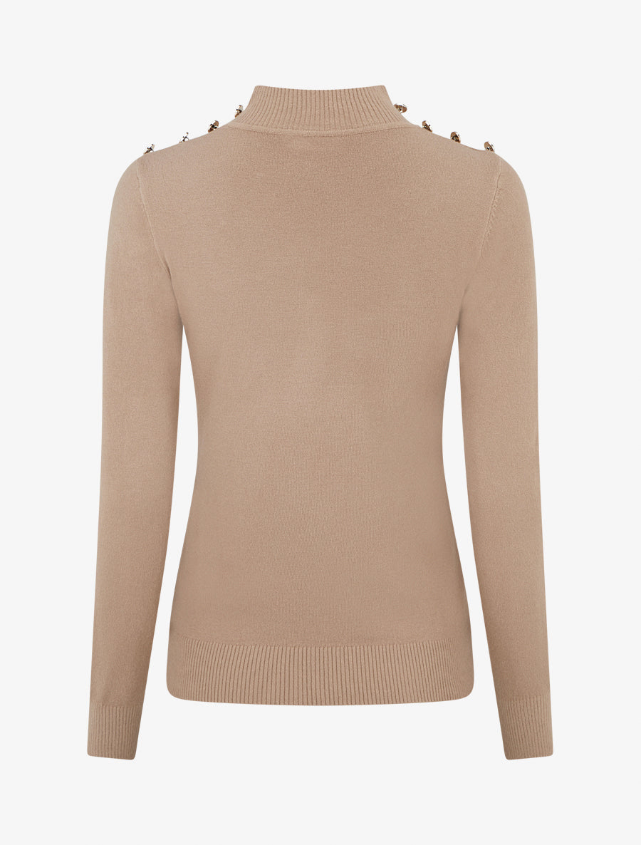 Figurbetonter Pullover mit Stehkragen und Knöpfen - Beige