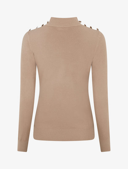 Figurbetonter Pullover mit Stehkragen und Knöpfen - Beige