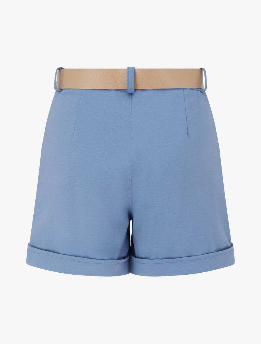 Short ceinturé à revers - Bleu - 2