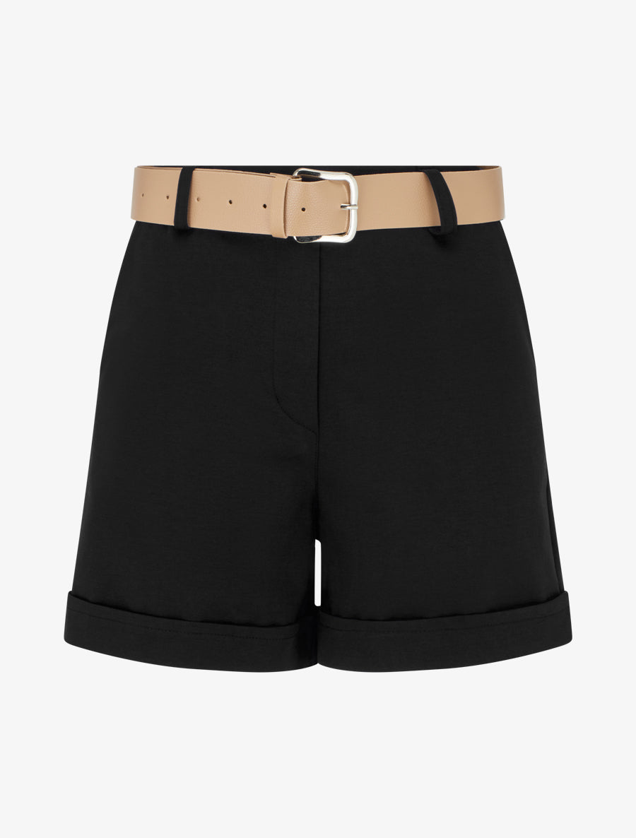 Short ceinturé à revers - Noir - 1