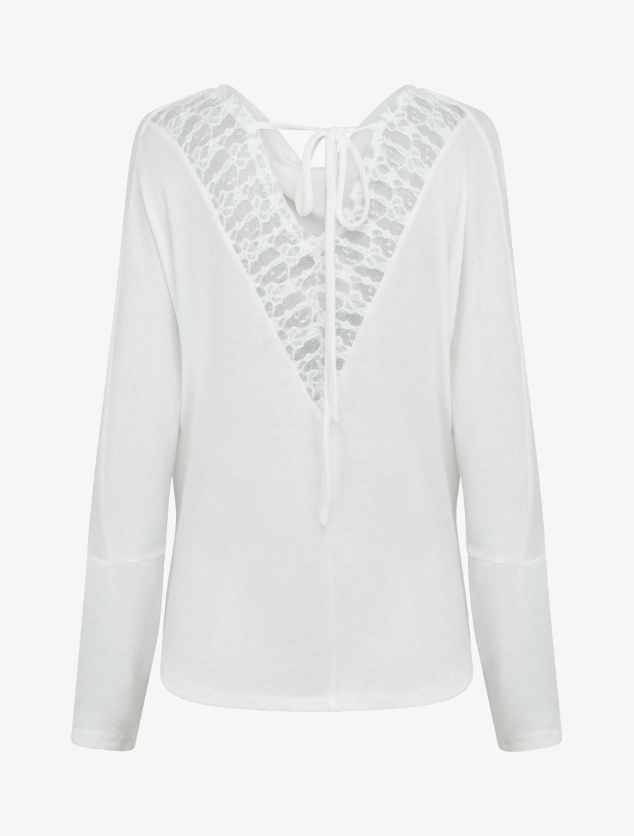 Pull fin uni à empiècement dentelle au dos - Blanc - 2