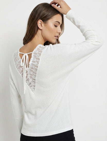 Feiner einfarbiger Pullover mit Spitzeneinsatz am Rücken - Weiß