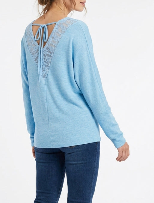 Feiner einfarbiger Pullover mit Spitzeneinsatz am Rücken - Himmelblau