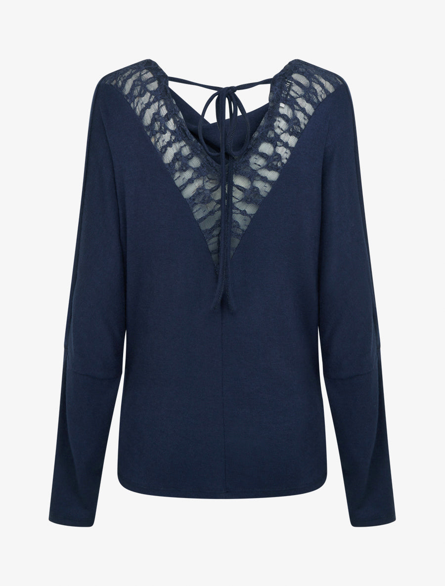 Pull fin uni à empiècement dentelle au dos - Marine - 2