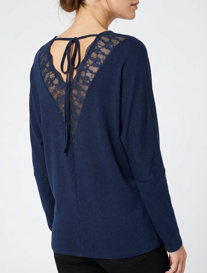 Feiner einfarbiger Pullover mit Spitzeneinsatz am Rücken - Marine