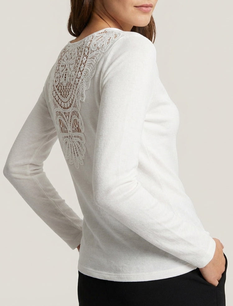 Gestickter Rückenpullover mit Wasserfallausschnitt - Weiß