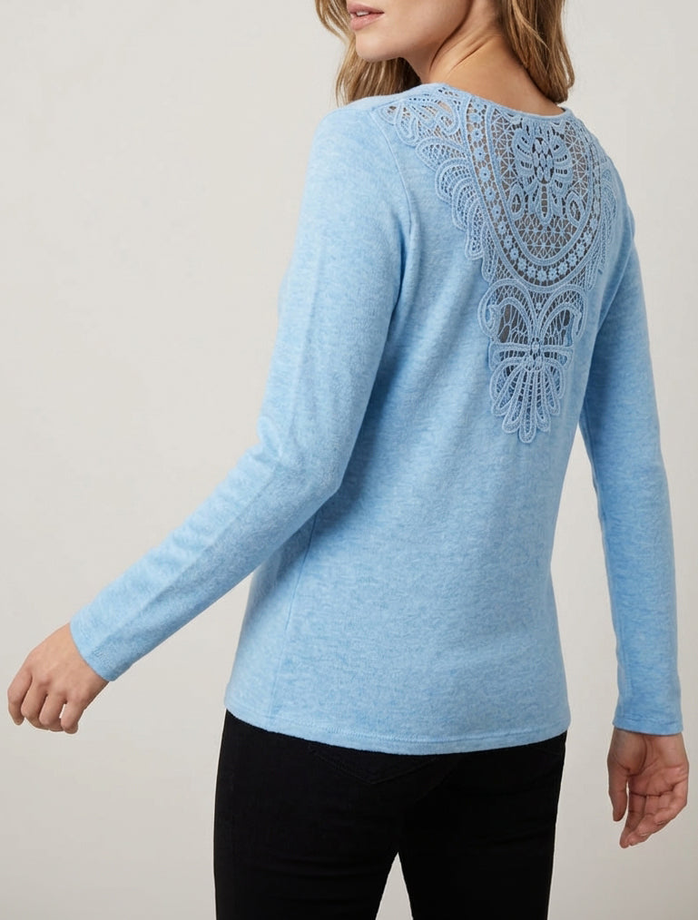 Gestickter Rückenpullover mit Wasserfallausschnitt - Himmelblau