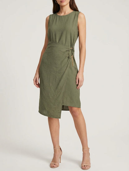 Langes einfarbiges Kleid mit Kettendetail - Kaki