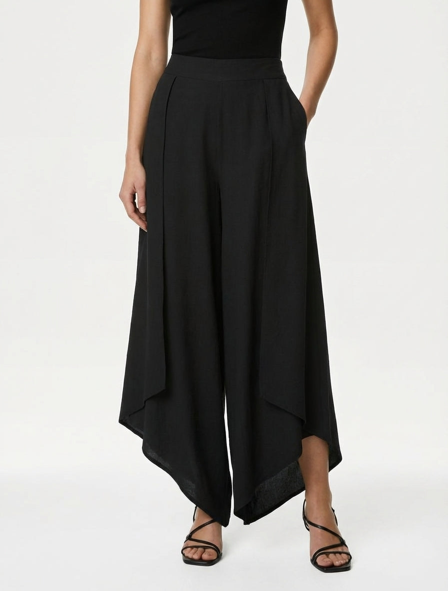 Weite Hose mit asymmetrischen Kanten - Schwarz