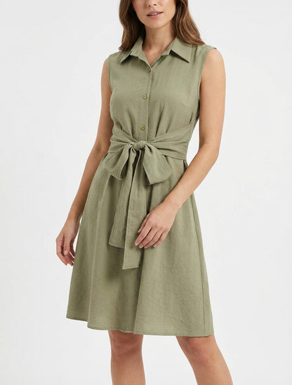 Ärmelloses Hemdkleid mit Bindebändern - Olivgrün