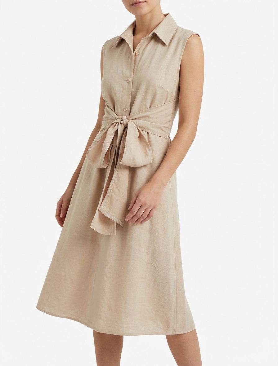 Ärmelloses Hemdkleid mit Bindebändern - Beige
