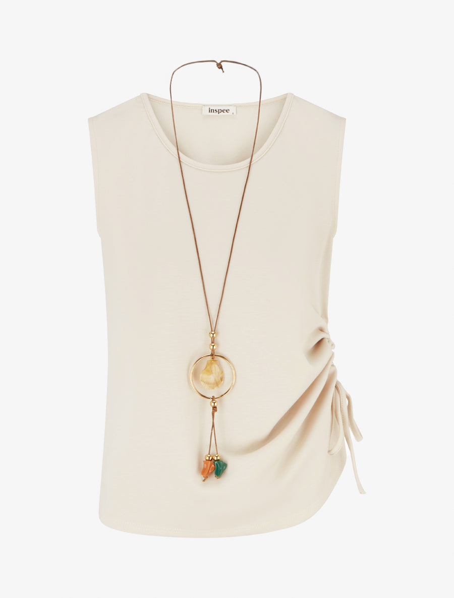 Top froncé sans manches à col rond - Beige - 1