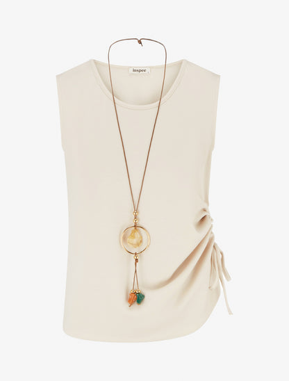 Top froncé sans manches à col rond - Beige - 1