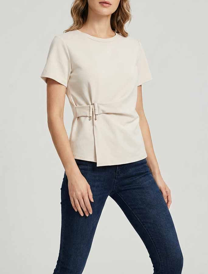 Kurzarm-Top mit Schnalle - Beige