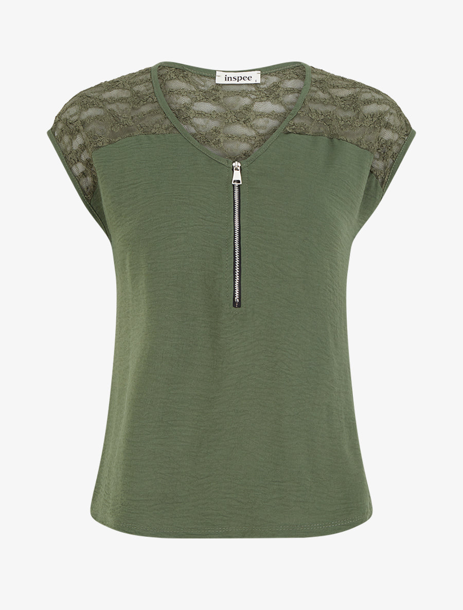 Top droit à zip et dentelle - Kaki - 1
