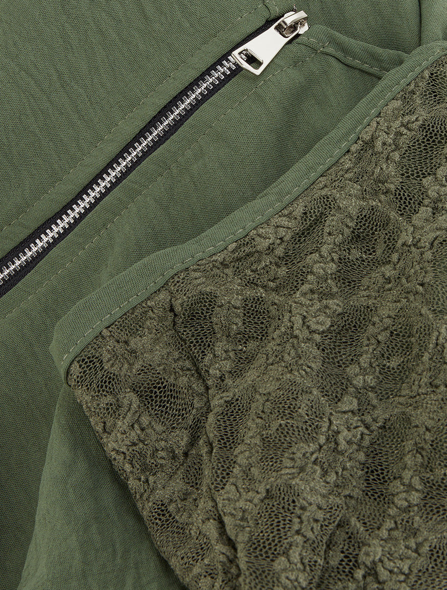 Top droit à zip et dentelle - Kaki - 3