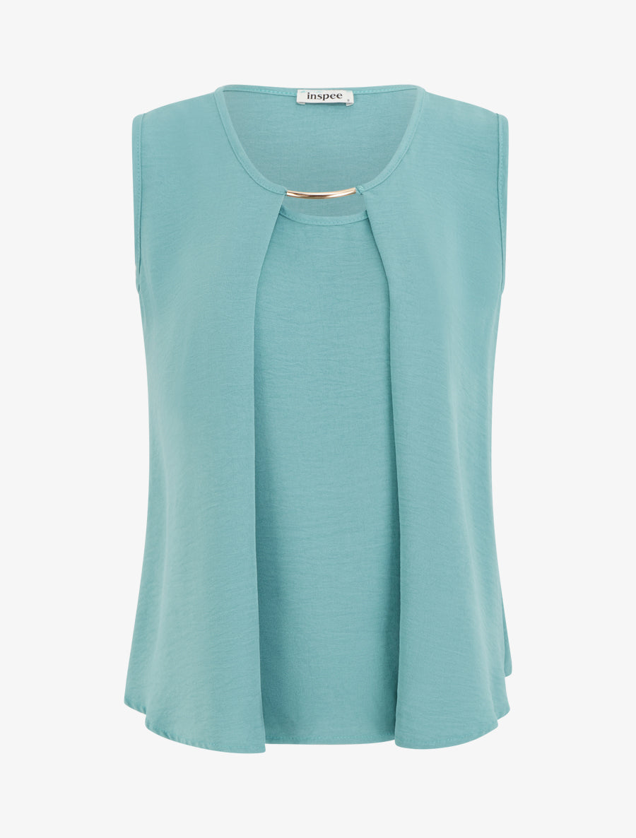 Top droit uni à col rond bijou - Turquoise - 1