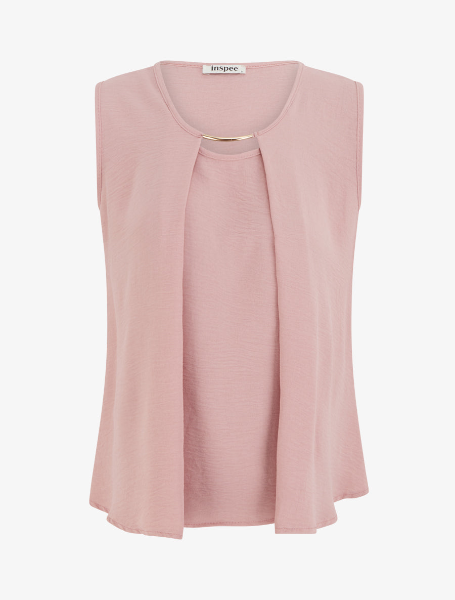 Top droit uni à col rond bijou - Rose - 1