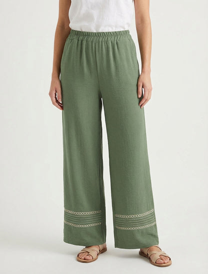 Weite Hose mit bestickten Kanten - Kaki