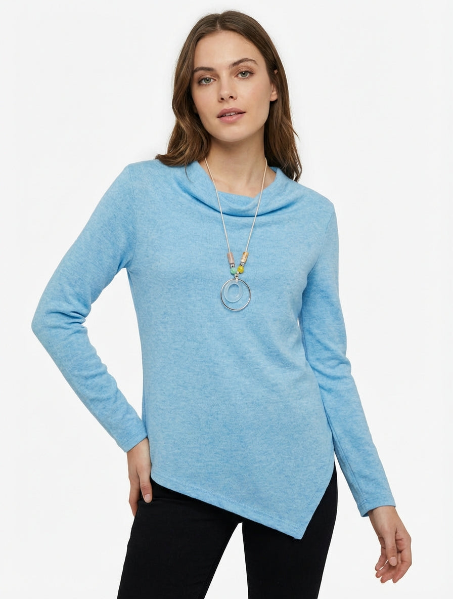 Asymmetrischer Pullover mit Wasserfallausschnitt - Himmelblau