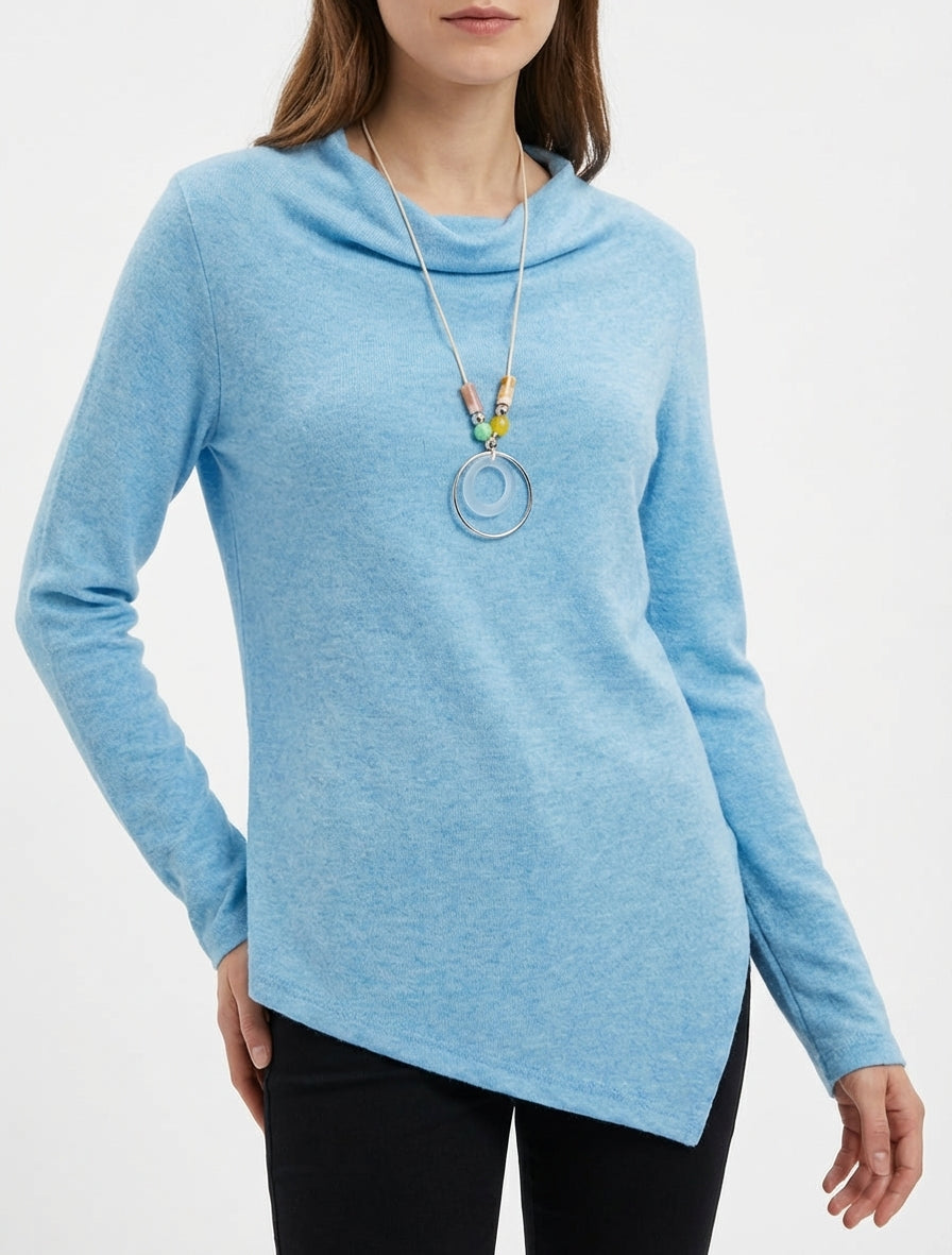 Asymmetrischer Pullover mit Wasserfallausschnitt - Himmelblau