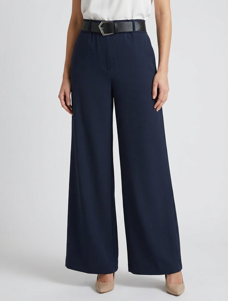 Weite einfarbige Hose mit hoher Taille - Marine