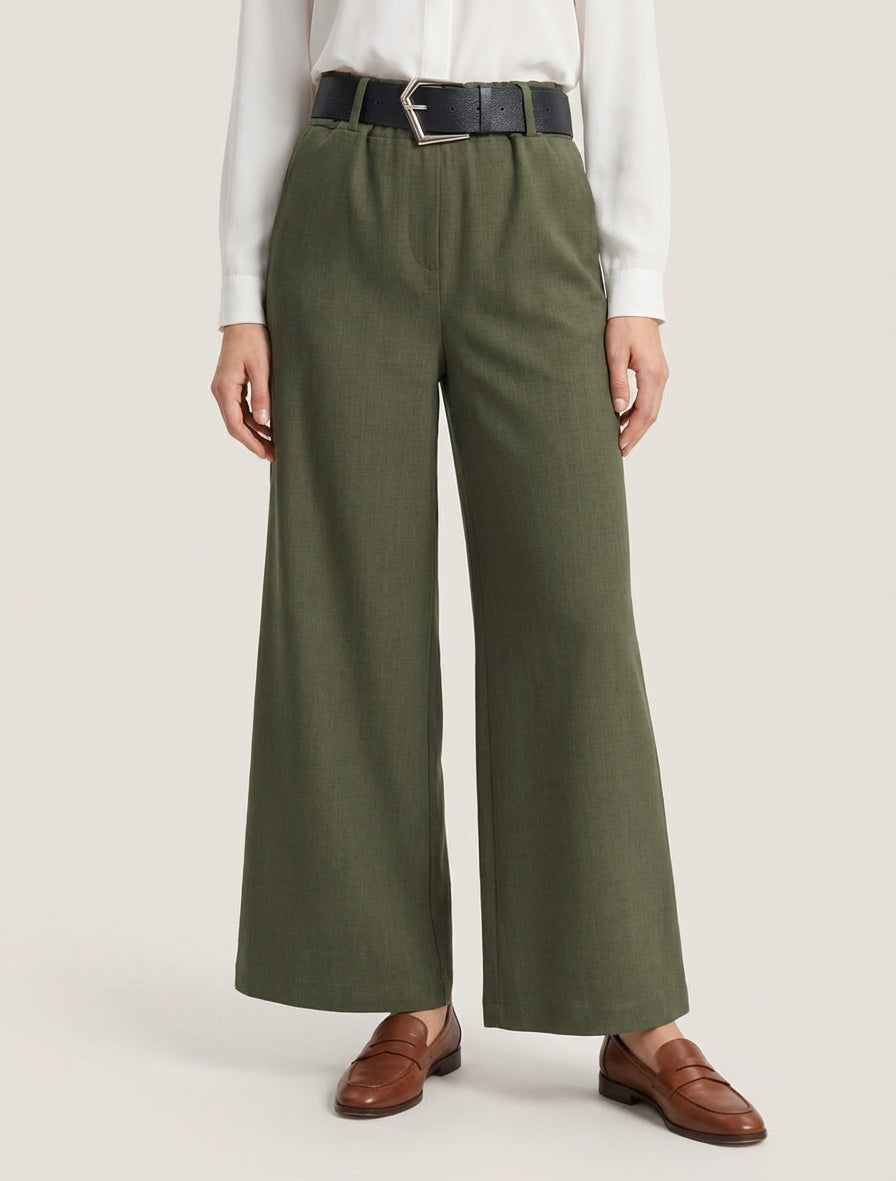 Weite einfarbige Hose mit hoher Taille - Kaki