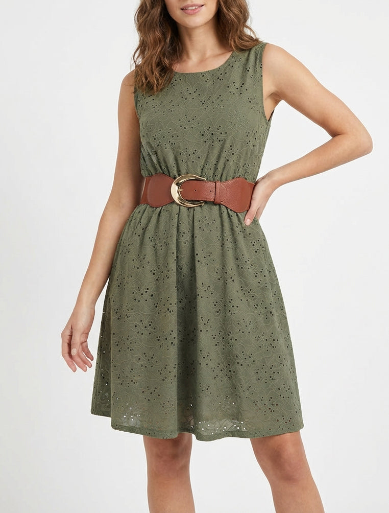 Ärmelloses, ausgestelltes Kleid aus englischer Stickerei - Kaki