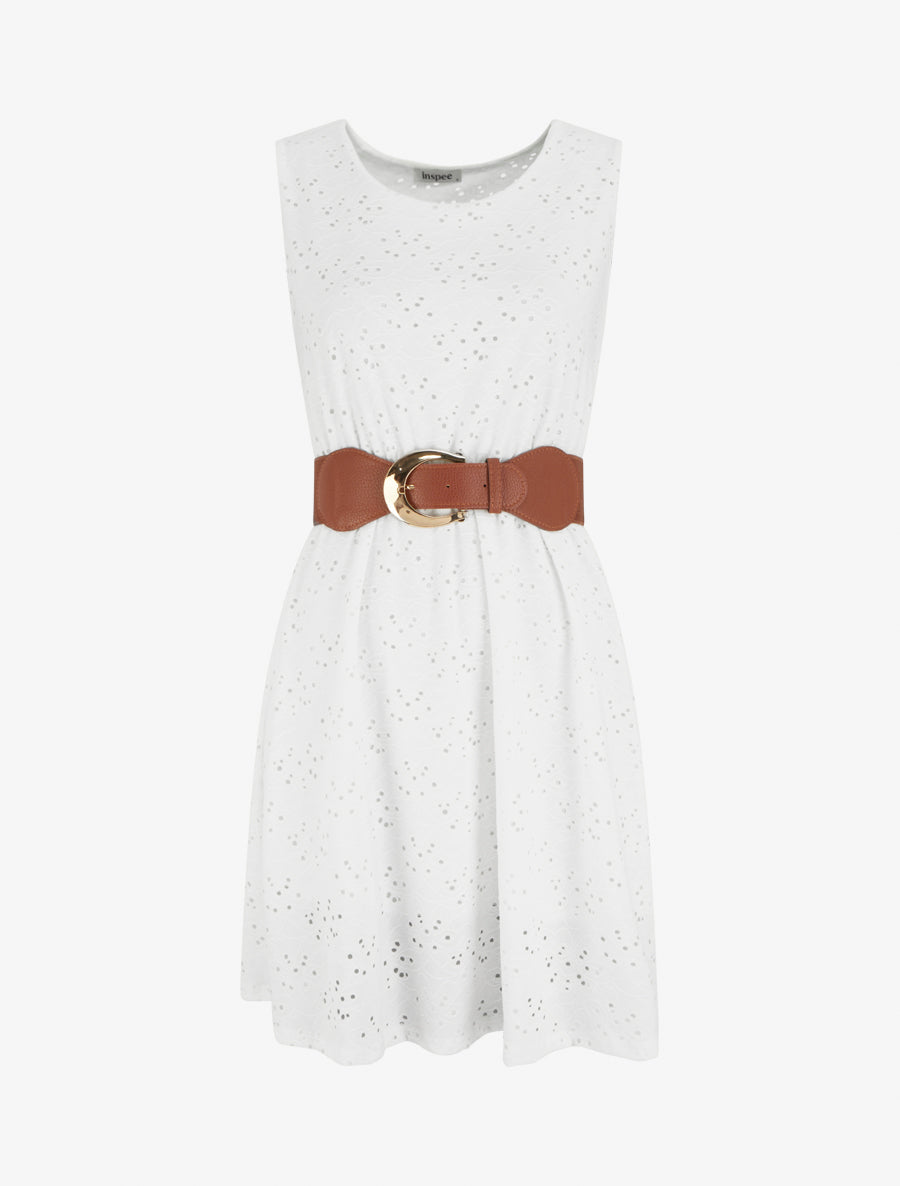 Robe évasée sans manches en broderie anglaise - Blanc - 1