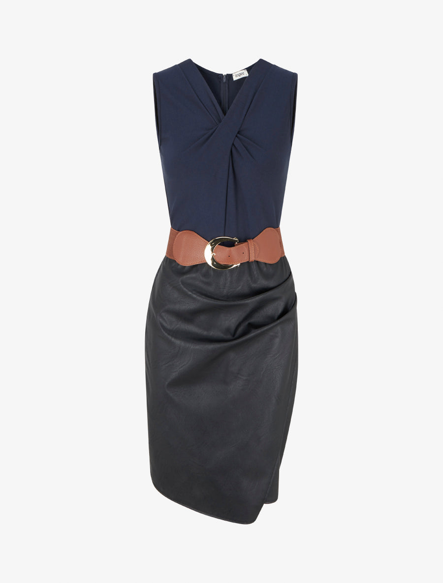 Robe bimatière à col V - Noir - 1