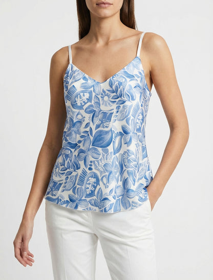 Satiniertes Trägertop mit Blattdruck - Blau