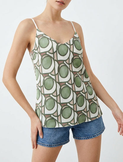 Grafisches Satin-Camisole. - Kaki