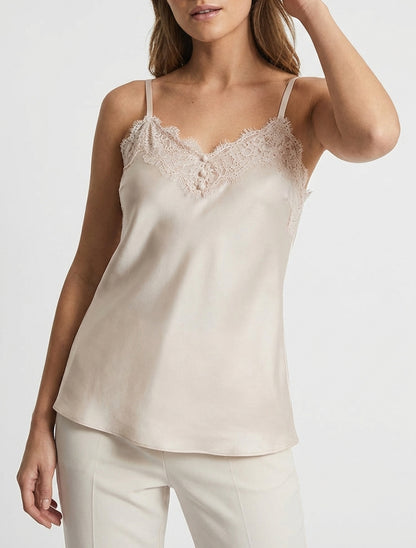 Satin-Camisole mit Spitzenbesatz - Beige