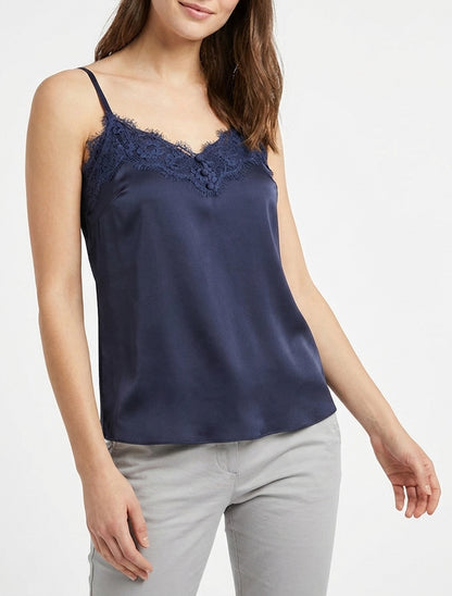 Satin-Camisole mit Spitzenbesatz - Marine